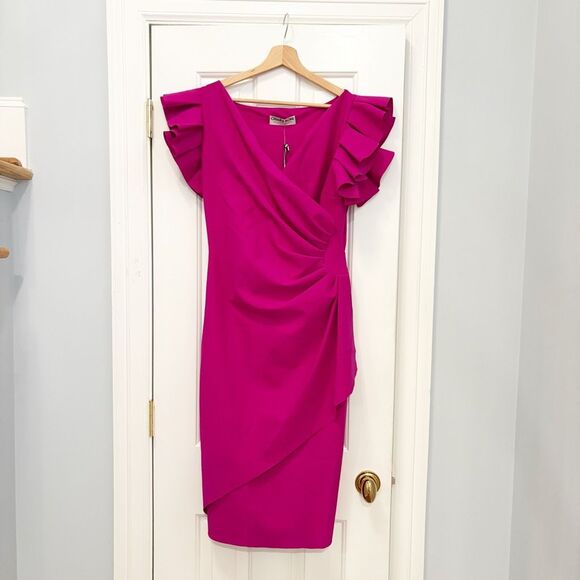 NWT Chiara Boni Beaurisse Ruffled Sheath Dress Purple Size 12 $750.00 Italy - Picture 7 of 11